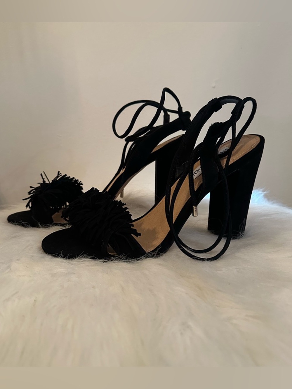 Steve Madden Black Suede Pom-Pom Lace-Up Block Heels